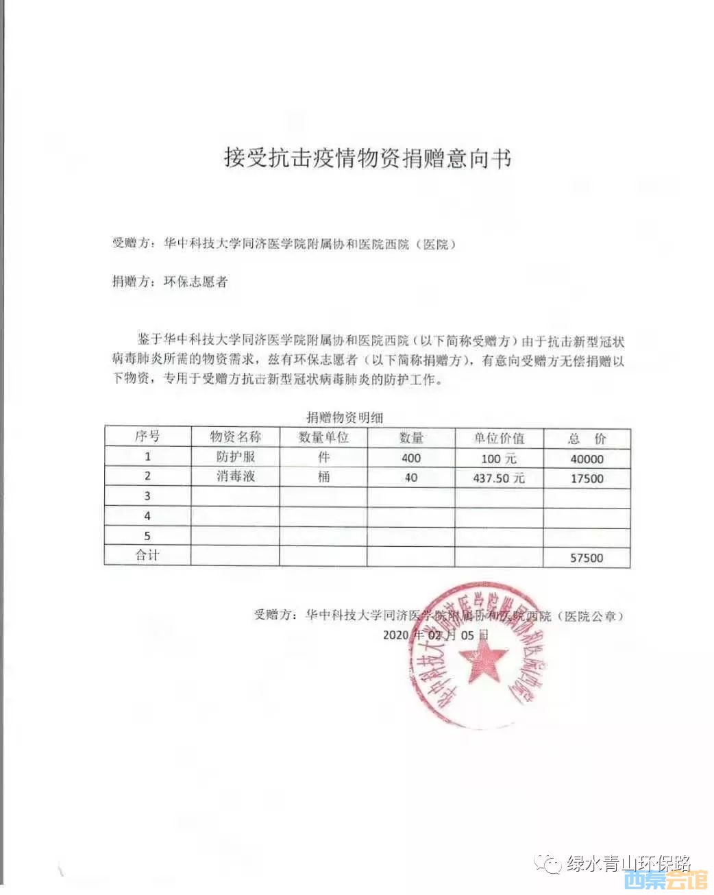 2020年2月5日环保志愿者捐赠华中科技大学同济医学院附属协和医院